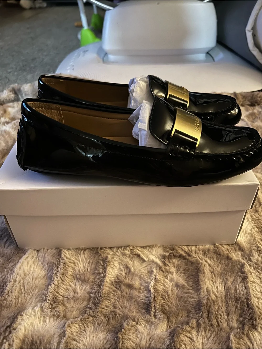 Calvin Klein Women's Black Patent Leather Slip On Round Toe Loafer Flats 7.5 M